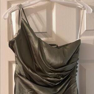 David's Bridal One Shoulder Satin Dress in Olive